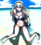  1girl beach bikini breasts cleavage clouds female_my_unit_(fire_emblem_if) fire_emblem fire_emblem_if long_hair looking_at_viewer my_unit_(fire_emblem_if) ocean pointy_ears sitting sky solo spread_legs swimsuit water white_hair 
