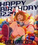  1girl :d anezu bangs bare_shoulders blush boku_no_hero_academia boots bow brown_hair character_name closed_eyes dated dress fingerless_gloves gift gift_wrapping gloves happy_birthday head_wreath legs open_mouth petals pink_gloves short_eyebrows sidelocks smile solo uraraka_ochako 