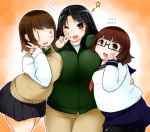  &gt;_o 3girls :d ;d black_hair breasts brown_eyes brown_hair fat glasses jacket large_breasts long_hair looking_at_viewer miniskirt multiple_girls one_eye_closed open_mouth original pants pantyhose plump pose red_eyes school_uniform serafuku short_hair skirt small_breasts smile star sweater_vest thick_thighs thighs v zuisawa |_| 