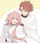  2boys armor cape citron_82 fate/apocrypha fate/grand_order fate_(series) hug long_hair multiple_boys open_mouth pink_hair ponytail rider_of_black short_hair smile trap 