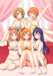  5girls ankle_garter bare_shoulders barefoot blue_eyes blue_hair blush bow bow_bra bra breasts brown_hair cleavage collarbone feet garters green_eyes hair_bow hand_holding highres hoshisakura_(starblossom) hoshizora_rin interlocked_fingers koizumi_hanayo kousaka_honoka long_hair love_live! love_live!_school_idol_project minami_kotori multiple_girls navel one_eye_closed orange_hair outstretched_arm panties short_hair sitting smile sonoda_umi underwear underwear_only violet_eyes yellow_eyes 