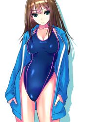  1girl breasts brown_hair collarbone gluteal_fold green_eyes hands_in_pockets highres nenchi one-piece_swimsuit simple_background solo standing swimsuit white_background 