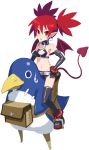  1girl bat_wings bird black_gloves black_legwear black_skirt choker circle_echime demon_girl demon_tail disgaea earrings elbow_gloves etna gloves highres jewelry looking_at_viewer miniskirt penguin pointy_ears prinny red_eyes redhead short_hair sitting sitting_on_person skirt skull_earrings slit_pupils spiky_hair sweatdrop tail thigh-highs twintails white_background wings 