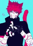  1boy animal_ears black_gloves black_shirt blue_background blue_sclera cat_boy cat_ears cat_tail colored_sclera fingerless_gloves fingernails gloves grin high_collar highres looking_at_viewer male_focus original pigeon666 pink_hair pink_sclera scar scar_on_arm scar_on_cheek scar_on_face scar_on_hand scar_on_mouth scar_on_nose sharp_fingernails sharp_teeth shirt short_hair short_sleeves signature slit_pupils smile solo stitches tail teeth too_many_scars upper_body white_eyes 
