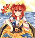  &gt;:d +++ 1girl :d blush boat coin fang looking_at_viewer onozuka_komachi open_mouth red_eyes redhead short_hair sitting smile solo to-den_(v-rinmiku) touhou two_side_up water watercraft 