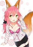  1girl absurdres animal_ears black_legwear bra breasts cleavage collarbone fang fate/extra fate/grand_order fate_(series) fox_ears fox_tail hand_in_hair highres looking_at_viewer open_mouth pink_bra pink_hair solo tail tamamo_(fate)_(all) tamamo_no_mae_(fate) thigh-highs underwear yellow_eyes yuneru_(haryun995) 