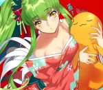  1girl :3 :o alternate_costume bare_shoulders bow breasts c.c. cheese-kun cleavage code_geass creayus earrings eyebrows_visible_through_hair from_above green_hair hair_bow holding japanese_clothes jewelry kemonomimi_mode kimono long_hair long_sleeves looking_at_viewer looking_up medium_breasts off_shoulder open_mouth ponytail red_background red_bow red_kimono ribbon ribbon-trimmed_sleeves ribbon_trim rooster_tail sash shiny shiny_hair shiny_skin sidelocks simple_background stuffed_toy translated upper_body very_long_hair wide_sleeves yellow_eyes yellow_ribbon 