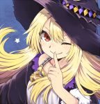  1girl black_coat black_hat blonde_hair blue_background collarbone cu-sith daria_(shadowverse) dress finger_to_mouth fur_trim hair_between_eyes hat index_finger_raised jewelry long_hair looking_at_viewer necklace one_eye_closed red_eyes shadowverse smile solo star upper_body white_dress witch witch_hat 