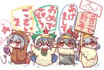  &gt;_&lt; 4girls :d beak bird_costume bird_wings black_hair blush_stickers bow cape chibi closed_eyes eyebrows_visible_through_hair fujiwara_no_mokou grey_hair hair_bow hat hat_removed headwear_removed highres holding jitome kishin_sagume looking_at_another looking_at_viewer looking_to_the_side multiple_girls mystia_lorelei o_o open_mouth pom_pom_(clothes) red_eyes reiuji_utsuho shameimaru_aya single_wing smile third_eye tokin_hat touhou translation_request wings 