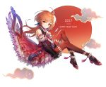  1girl 2017 ahoge bangs bare_shoulders black_legwear boots clouds dated detached_sleeves dress earrings feathers halterneck happy_new_year hieung highres japanese_flag jewelry knee_up long_hair looking_at_viewer new_year orange_hair original pantyhose pointy_ears red_dress red_eyes simple_background smile solo white_background 