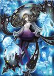  1girl 2016 bangs black_hair blonde_hair blunt_bangs breasts crystal dated dress eyeball eyebrows_visible_through_hair eyes_visible_through_hair floating fusion jellyfish knees_together_feet_apart light_particles long_hair looking_at_viewer lusamine_(pokemon) monster_girl mosho multicolored_hair nihilego open_mouth orange_eyes pantyhose parted_bangs pokemon pokemon_(game) pokemon_sm purple_legwear see-through short_dress sleeveless sleeveless_dress small_breasts sparkle spoilers streaked_hair tentacle traditional_media turtleneck ultra_beast very_long_hair watercolor_(medium) 