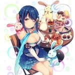  1girl blue_hair braid breasts chair cleavage cup dessert dress elbow_gloves food french_braid gloves hair_ornament hand_to_head large_breasts long_hair looking_at_viewer luna_softeti official_art one_eye_closed pancake rabbit red_eyes sitting smile solo table tagme teacup transparent_background uchi_no_hime-sama_ga_ichiban_kawaii 