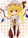  1girl ascot bat_wings blonde_hair blush bow covering covering_crotch crystal fang flandre_scarlet hat hat_bow hat_ribbon highres long_hair mob_cap nikorashi-ka no_pants open_mouth polka_dot polka_dot_background puffy_short_sleeves puffy_sleeves red_eyes ribbon short_sleeves side_ponytail solo tears touhou wings 