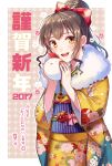  1girl 2017 brown_eyes brown_hair highres japanese_clothes kimono long_hair looking_at_viewer original ponytail shina_shina solo 