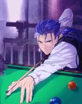  1boy alternate_costume blue_hair cue_ball cue_stick earrings fate/stay_night fate_(series) indoors iz_izhara jewelry lancer male_focus ponytail pool pool_table red_eyes solo waiter 