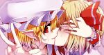  2girls blonde_hair blush flandre_scarlet from_side hair_ribbon hat kiss looking_at_viewer looking_to_the_side manekinekoppoi_inu mob_cap multiple_girls pointy_ears portrait profile red_eyes red_ribbon ribbon rumia short_hair smile sweat touhou v wrist_cuffs yuri 