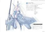  1girl bare_shoulders blonde_hair bridal_gauntlets character_sheet eurofighter_typhoon green_eyes hand_on_hip highres jet_engine long_hair luftwaffe nenchi original personification skin_tight solo translation_request twintails very_long_hair weapon wings 