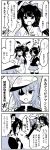  3girls 4koma ahoge animal_print black_legwear blush bunny_print cape comic eyepatch fang flying_sweatdrops gloves greyscale hat headgear highres huge_ahoge japanese_clothes kaga3chi kantai_collection kimono kiso_(kantai_collection) kuma_(kantai_collection) long_hair monochrome multiple_girls necktie remodel_(kantai_collection) sailor_hat short_hair simple_background skirt sweatdrop tenryuu_(kantai_collection) thigh-highs translation_request yukata zettai_ryouiki 