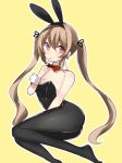  1girl animal_ears black_legwear bow bowtie brown_hair bunnysuit detached_collar finger_to_mouth highres kantai_collection light_brown_hair long_hair looking_at_viewer murasame_(kantai_collection) pantyhose rabbit_ears red_eyes sitting smile solo touko_(toukoneko) twintails wrist_cuffs yokozuwari 