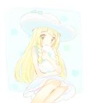  1girl absurdres blonde_hair braid dress egg green_eyes hat highres lillie_(pokemon) long_hair pokemon pokemon_(anime) pokemon_sm_(anime) rakudra sleeveless sleeveless_dress solo sun_hat twin_braids white_dress white_hat 