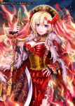  1girl axe blonde_hair chains corset crown dress fire floral_print flower jewelry lipstick makeup necklace red_dress rose rose_print ruby_(stone) shinkai_no_valkyrie solo violet_eyes weapon 