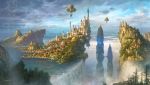  boat building castle cityscape cliff clouds fantasy highres hot_air_balloon k-takano no_humans original scenery sky tree water watercraft waterfall 