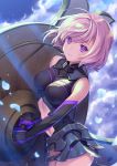  1girl arched_back armor bare_shoulders breasts closed_mouth clouds commentary_request day elbow_gloves eyebrows_visible_through_hair eyes_visible_through_hair fate/grand_order fate_(series) from_side geroro gloves highres holding_shield large_breasts looking_at_viewer midriff multicolored multicolored_clothes multicolored_gloves outdoors pink_hair purple_hair shield shielder_(fate/grand_order) short_hair smile solo standing violet_eyes wind 