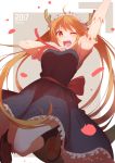  1girl 2017 ;d arm_up black_legwear blue_dress blush breasts brown_eyes brown_hair brown_shoes dragon_horns dress eyebrows_visible_through_hair fang finger_to_mouth frilled_sleeves frills gloves horns knees_together_feet_apart kobayashi-san_chi_no_maidragon legs_up long_hair looking_at_viewer maid maid_headdress medium_breasts number one_eye_closed open_mouth outside_border puffy_short_sleeves puffy_sleeves rizky_(strated) shoes short_sleeves slit_pupils smile socks solo tail tooru_(maidragon) twintails very_long_hair white_gloves 