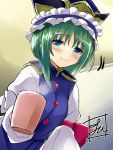  1girl asymmetrical_hair bangs blue_eyes blush closed_mouth commentary_request cup eyebrows_visible_through_hair frills green_eyes hair_between_eyes hat holding holding_cup looking_at_viewer motion_lines shiki_eiki signature smile smoke solo tirotata touhou 