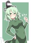  &gt;:/ 1girl blush breasts covered_navel dress electricity ghost_tail green_eyes green_hair hand_on_hip hat highres kz_oji looking_at_viewer short_hair small_breasts soga_no_tojiko solo tate_eboshi touhou 