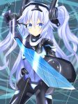  1girl absurdres black_heart blue_eyes choujigen_game_neptune fighting_stance highres holding holding_weapon long_hair neptune_(series) next_black noire pose solo sword symbol-shaped_pupils weapon white_hair 