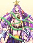  3girls armlet bare_shoulders breasts choker christmas_ornaments christmas_tree claws dress euryale eyebrows eyebrows_visible_through_hair fate/grand_order fate/hollow_ataraxia fate/stay_night fate_(series) gorgon_(fate) hairband headdress jewelry lolita_hairband long_hair looking_at_viewer multiple_girls necklace open_mouth purple_hair rider scales siblings sidelocks sleeveless sleeveless_dress smile star stheno twins twintails violet_eyes white_dress zephid 