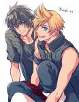  2boys black_hair blonde_hair blue_eyes final_fantasy final_fantasy_xv multiple_boys nentan noctis_lucis_caelum open_mouth prompto_argentum short_hair short_sleeves simple_background sleeveless smile white_background 