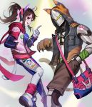  1boy 1girl alternate_hairstyle animal_print armor ass bag bangs blue_bodysuit bodysuit boots bow breasts brown_eyes brown_hair brown_shorts bunny_headphones bunny_print cowboy_shot cyborg d.va_(overwatch) drawstrings emblem facepaint facial_mark from_side genji_(overwatch) gloves hair_bow hand_in_pocket hand_up headphones helmet hood hood_up hooded_jacket index_finger_raised jacket knee_pads logo long_sleeves looking_at_viewer mask open_clothes open_jacket open_mouth overwatch paw_gloves pilot_suit pink_bow pink_lips ponytail power_armor red_eyes red_scarf scarf shoes shorts shoulder_bag sidelocks skin_tight small_breasts smile teiten-bakuha thigh-highs thigh_boots thigh_strap whisker_markings 