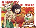  1girl 2017 :d adapted_costume bangs beak bird bird_wings black_hair blush bob_cut collarbone english eyebrows_visible_through_hair feathered_wings feathers female_protagonist_(pokemon_sm) fingernails food food_on_head fruit fruit_on_head green_skirt hakama hakama_skirt haori happy_new_year hiyori_(rindou66) japanese_clothes jpeg_artifacts leaf long_sleeves mandarin_orange new_year object_on_head ok_sign open_mouth orange owl parted_bangs parted_lips player_character pokedex pokemon pokemon_(creature) pokemon_(game) pokemon_sm rotom rotom_dex rowlet shide shirt short_hair skirt smile sparkle text tied_shirt wide_sleeves wings 
