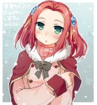  1girl blush bow capelet coat eleanor_hume fur_trim green_eyes hoshihuri long_hair open_mouth pink_hair snowing solo tales_of_(series) tales_of_berseria twintails 
