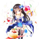  1girl birthday_cake blue_eyes box breasts cake cleavage confetti cup dress emma_beauty flower food gift gift_box hair_flower hair_ornament holding long_hair looking_at_viewer official_art skirt solo tea teacup thigh-highs transparent_background uchi_no_hime-sama_ga_ichiban_kawaii 