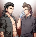  2boys bare_chest belt black_hair brown_hair final_fantasy final_fantasy_xv gladiolus_amicitia glasses gloves hinoe_(dd_works) ignis_scientia jacket looking_at_viewer multiple_boys scar scar_across_eye shirt short_sleeves smile unshaved_face 