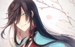  1boy androgynous black_hair blue_eyes earrings endend_(shinia) izumi-no-kami_kanesada jewelry long_hair solo touken_ranbu very_long_hair 