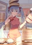  1girl bamboo_steamer bangs bare_arms blue_eyes blue_hair blurry blush breasts ceiling china_dress chinese_clothes covered_mouth cowboy_shot depth_of_field dress eating food hair_between_eyes hair_ribbon hatsune_miku holding holding_food indoors long_hair looking_at_viewer matching_hair/eyes medium_breasts microdress red_dress red_ribbon ribbon shade short_sleeves side_slit solo stacking table twintails very_long_hair vocaloid wall you_hashira 