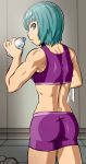  1girl aqua_eyes aqua_hair ass bike_shorts bottle cowboy_shot dimples_of_venus dumbbell from_behind highres holding indoors looking_back muscle muscular_female parted_lips profile purple_shirt purple_shorts sei_(va-11_hall-a) shirt short_hair shorts solmoniq solo standing sweat tank_top towel va-11_hall-a water_bottle 