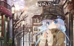  1girl blue_hair blush building buttons city clouds cloudy_sky coat fingers_together floating_hair hair_between_eyes hat hat_ornament lamppost long_hair long_sleeves looking_at_viewer original outdoors plaid_hat sky smile snowing solo upper_body winter_clothes winter_coat yano_mitsuki 