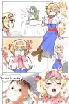  alice_margatroid baby blonde_hair blue_eyes bow capelet comic commentary_request covering_eyes cup dress english hair_bow hair_ribbon hairband highres holding holding_cup kuranosuke legs_crossed lolita_hairband open_mouth ribbon saliva short_hair sitting smile touhou 