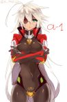  1girl alpha-01 blazblue bodysuit breast_hold eyepatch genderswap genderswap_(mtf) green_eyes heterochromia jacket long_hair ragna_the_bloodedge red_eyes silver_hair tomo_(tomorag7) 