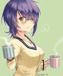  1girl alternate_costume blush breasts cleavage coffee coffee_mug contemporary eyepatch green_background hair_over_one_eye highres kantai_collection kotobuki_(momoko_factory) large_breasts long_sleeves looking_at_viewer no_headwear purple_hair ribbed_sweater ring_necklace short_hair simple_background sleeves_past_wrists smile solo steam sweater tenryuu_(kantai_collection) translated twitter_username yellow_eyes 