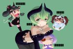  4girls :&lt; :q afterimage ahoge aoki_hagane_no_arpeggio ashigara_(aoki_hagane_no_arpeggio) bangs bent_over black_gloves black_hair black_legwear black_skirt blunt_bangs breast_envy breast_rest breasts character_name chibi closed_mouth collarbone curly_hair demon_horns demon_tail fingerless_gloves garter_straps gloves green_background green_eyes green_hair haguro_(aoki_hagane_no_arpeggio) halloween halloween_costume horn horns kamo_3 large_breasts lavender_eyes lavender_hair leg_up long_hair multiple_girls myoukou_(aoki_hagane_no_arpeggio) nachi_(aoki_hagane_no_arpeggio) navel navel_cutout open_mouth pantyhose pencil_skirt ponytail red_eyes short_hair sidelocks simple_background skirt tail tears thigh-highs tongue tongue_out twintails violet_eyes waving white_gloves 