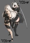  2girls android back-to-back black_dress black_legwear blindfold boots brown_eyes dress elbow_gloves gloves hairband high_heels highres katana long_hair looking_back multiple_girls nier_(series) nier_automata robot_joints short_hair short_shorts shorts side_slit sword tank_top thigh-highs thigh_boots thighs toeless_socks toes weapon white_hair yorha_type_a_no.2 yorha_unit_no._2_type_b 