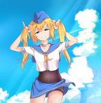  1girl absurdres arms_up blonde_hair blue_background blue_eyes blue_hat blue_sky bodysuit breasts clouds collarbone condensation_trail cowboy_shot garrison_cap grin hat highres johnston_(zhan_jian_shao_nyu) lipstick long_hair looking_at_viewer makeup playing_with_own_hair qiancong sailor_collar sarong shirt short_sleeves shorts signaure sky small_breasts smile solo standing teeth twintails white_shirt zhan_jian_shao_nyu 