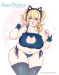  1girl belly black_legwear black_panties blonde_hair breasts cat_ear_headphones cat_ears cat_lingerie cleavage cleavage_cutout collarbone cowboy_shot fat headphones large_breasts looking_at_viewer munrou nitroplus orange_eyes panties parted_lips paw_pose plump short_hair short_twintails solo sparkle_background super_pochaco thick_thighs thigh-highs thighs twintails underwear wide_hips wrist_cuffs 