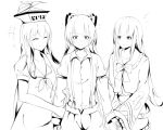  3girls arm_grab blush bow breasts cleavage closed_eyes commentary_request dress fujiwara_no_mokou girl_sandwich greyscale hair_bow hair_ribbon hand_holding hat hime_cut houraisan_kaguya kamishirasawa_keine long_hair long_sleeves monochrome multiple_girls ofuda open_mouth pants posuino_kuro-chan puffy_short_sleeves puffy_sleeves ribbon sandwiched shirt short_sleeves sidelocks suspenders touhou very_long_hair wavy_mouth wide_sleeves yuri 